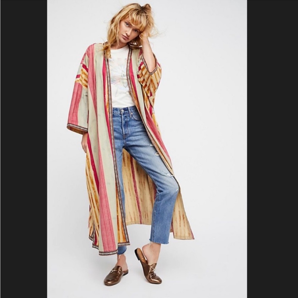 Free People Intimately Free Meadowsweet Kimono Robe Cotton Striped Embroidered - Picture 4 of 13